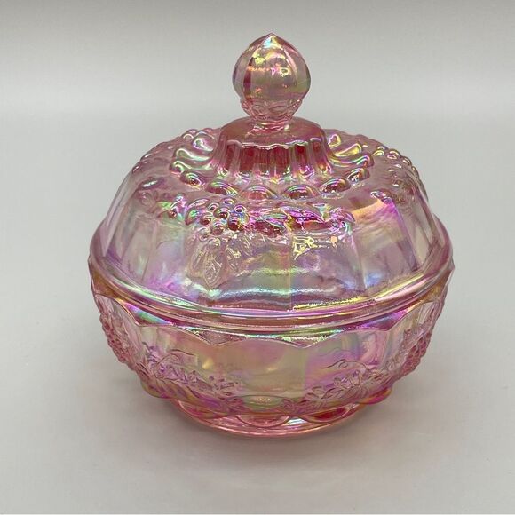 Fenton Other - Vintage Fenton Grapevine Pink Rose Opalescent Lidded Powder Candy Dish